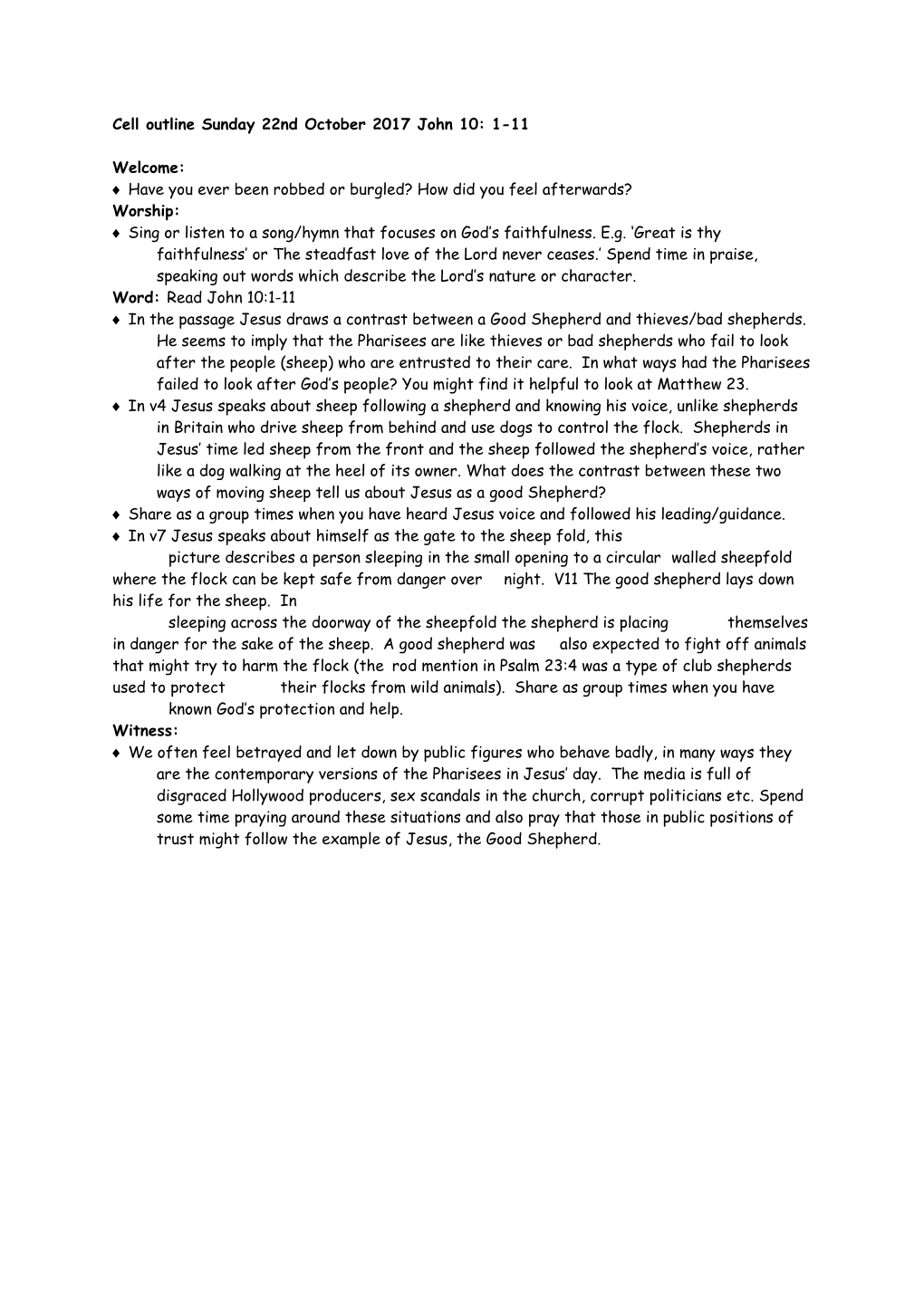 Cell Outline Sunday 22Nd October 2017 John 10: 1-11