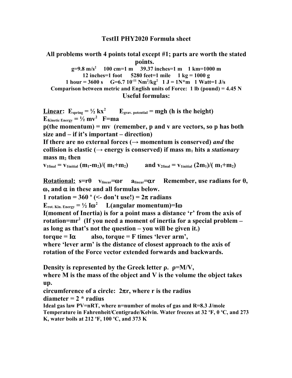 Practice Problems for TEST II, PHY2020