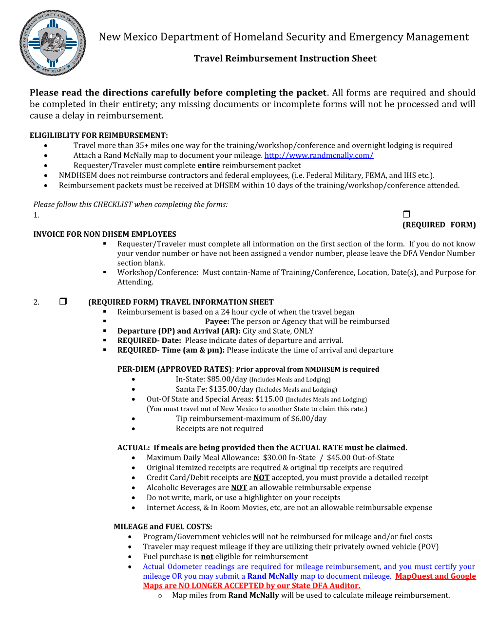 Travel Reimbursement Instruction Sheet