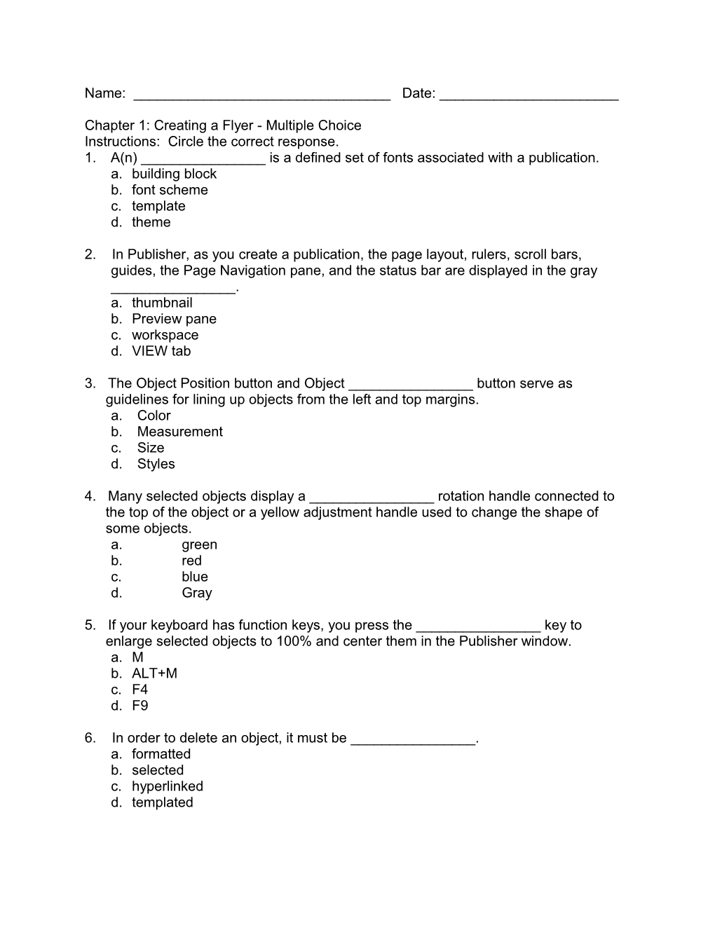 Chapter 1: Creating a Flyer - Multiple Choice