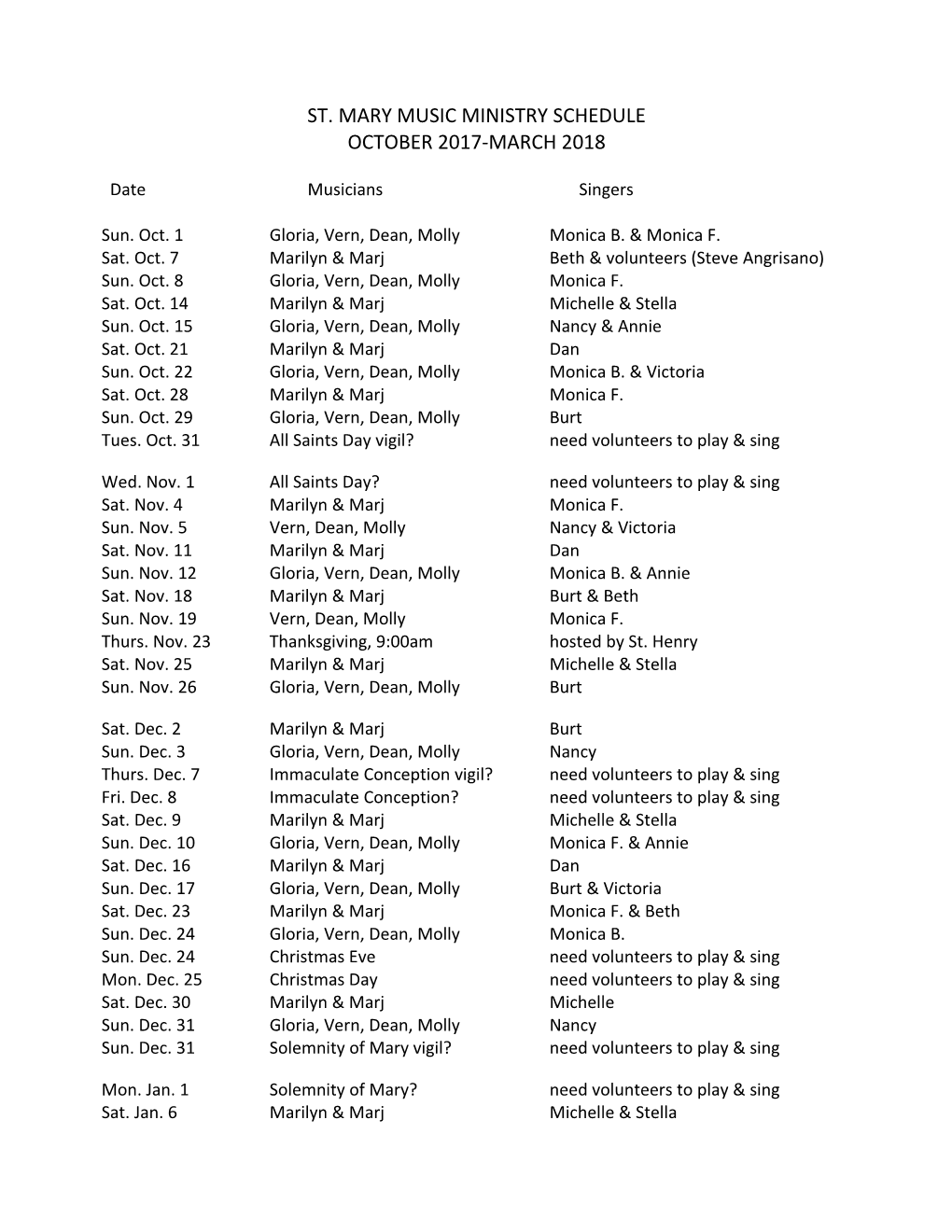 St. Mary Music Ministry Schedule