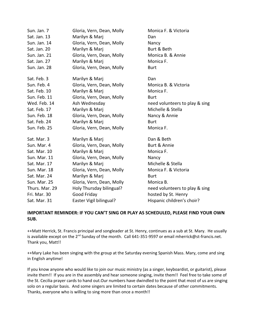 St. Mary Music Ministry Schedule