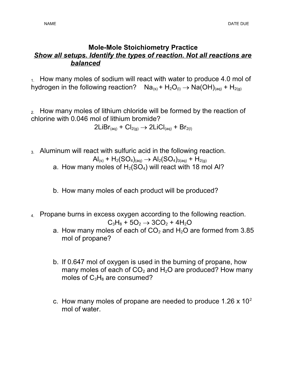 Mole-Mole Stoichiometry Practice