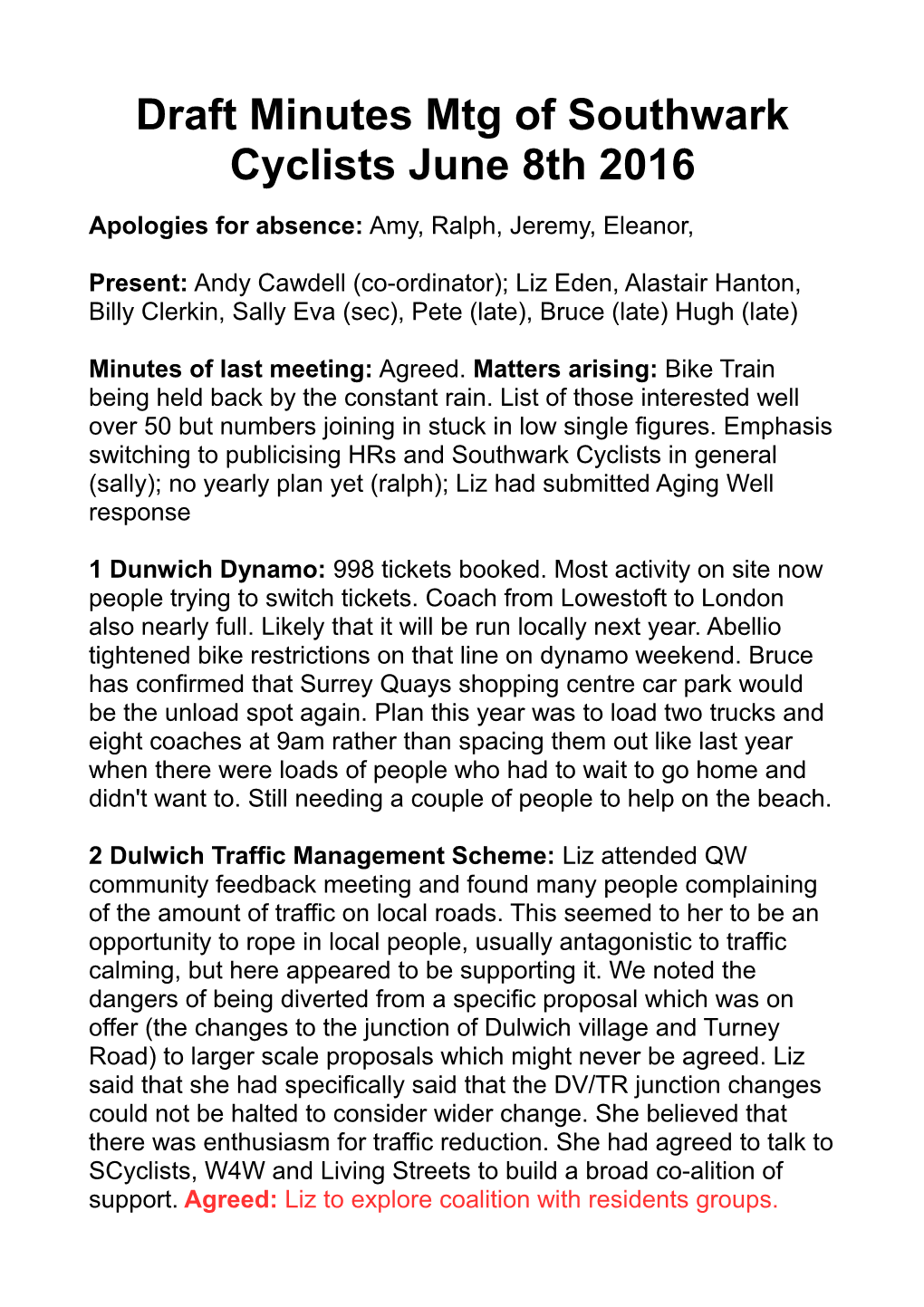 Draft Minutes Mtg of Southwark Cyclists June 8Th 2016