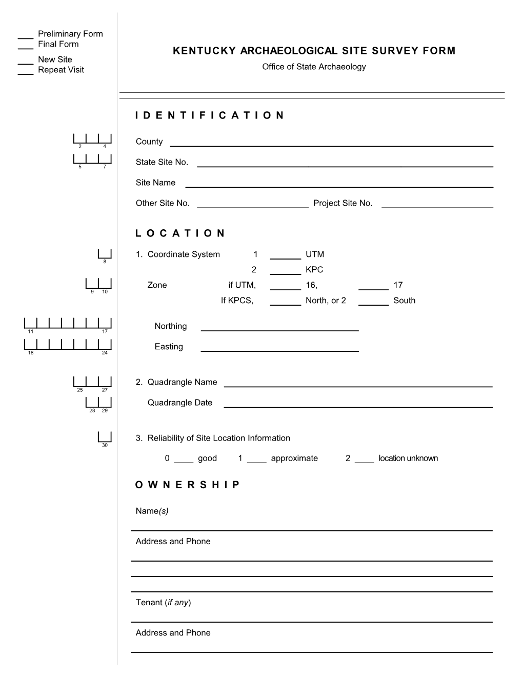 Kentucky Archaeological Site Form