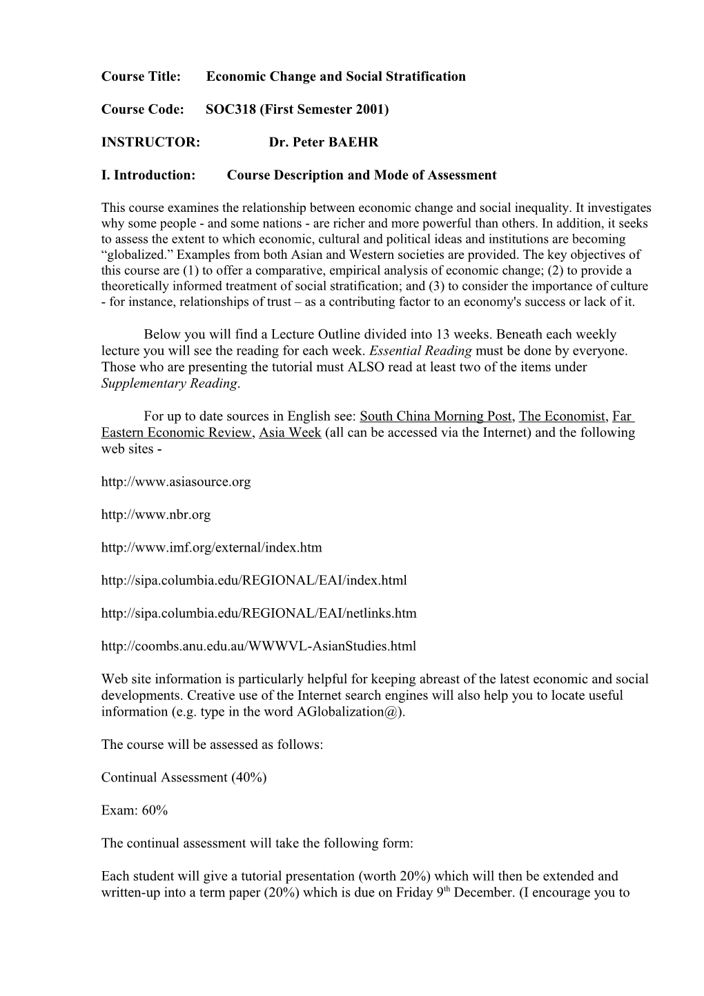 Course Title: Economic Change and Social Stratification