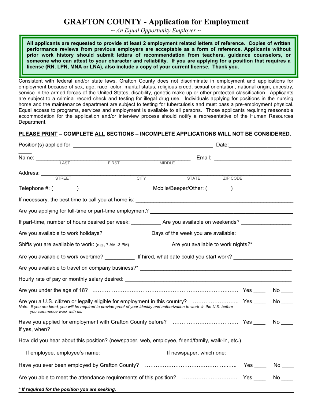 GRAFTON COUNTY - Application for Employment