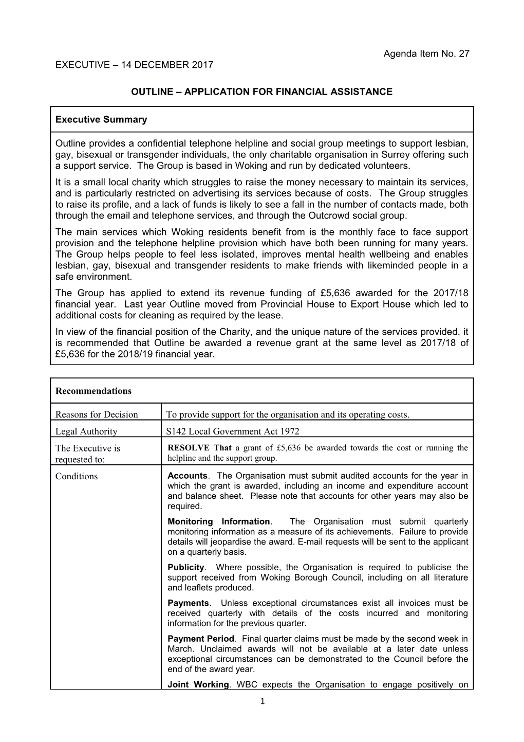 Item 27 Outline Application for Financial Assistance Executive 14 December 2017