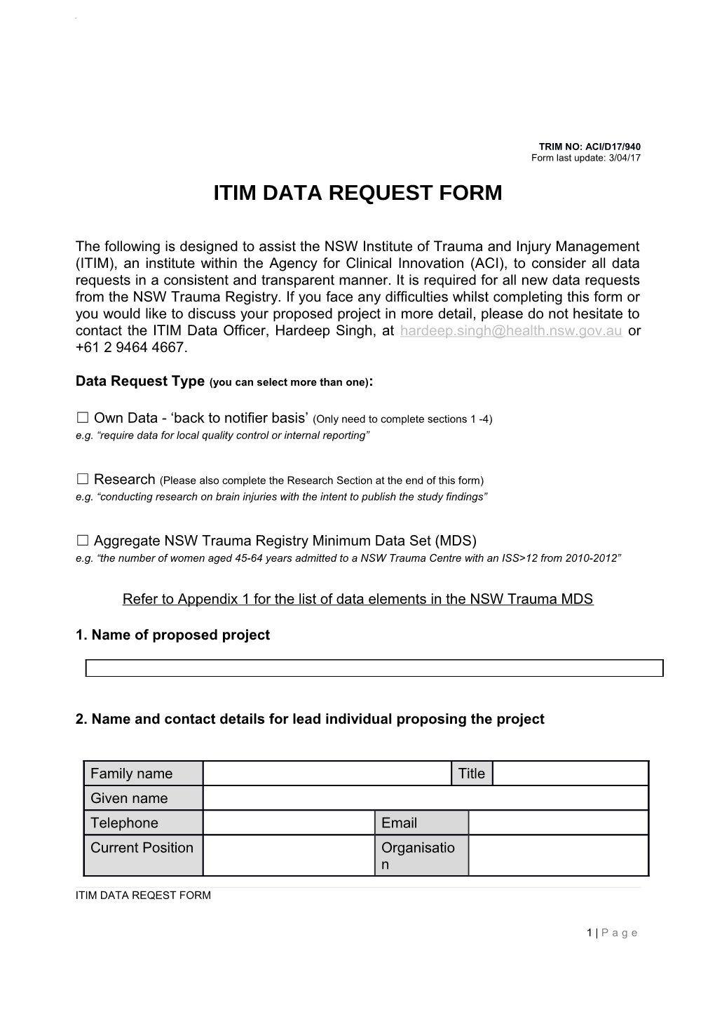 ITIM Data REQUEST Form