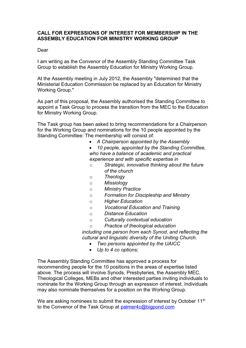 Call for Expressions of Interest for Membership in the Assembly Education for Ministry