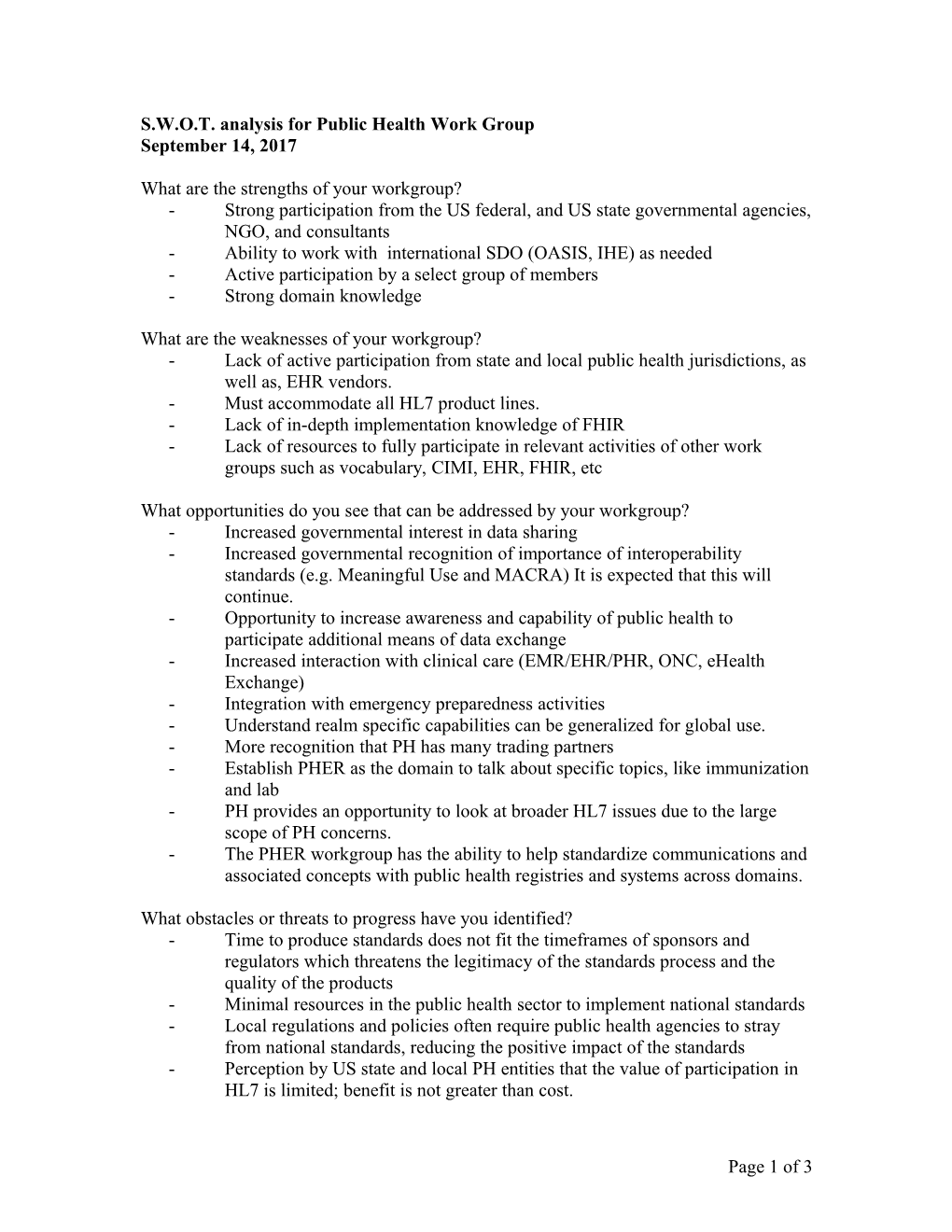 S.W.O.T. Analysis for Public Health Work Group