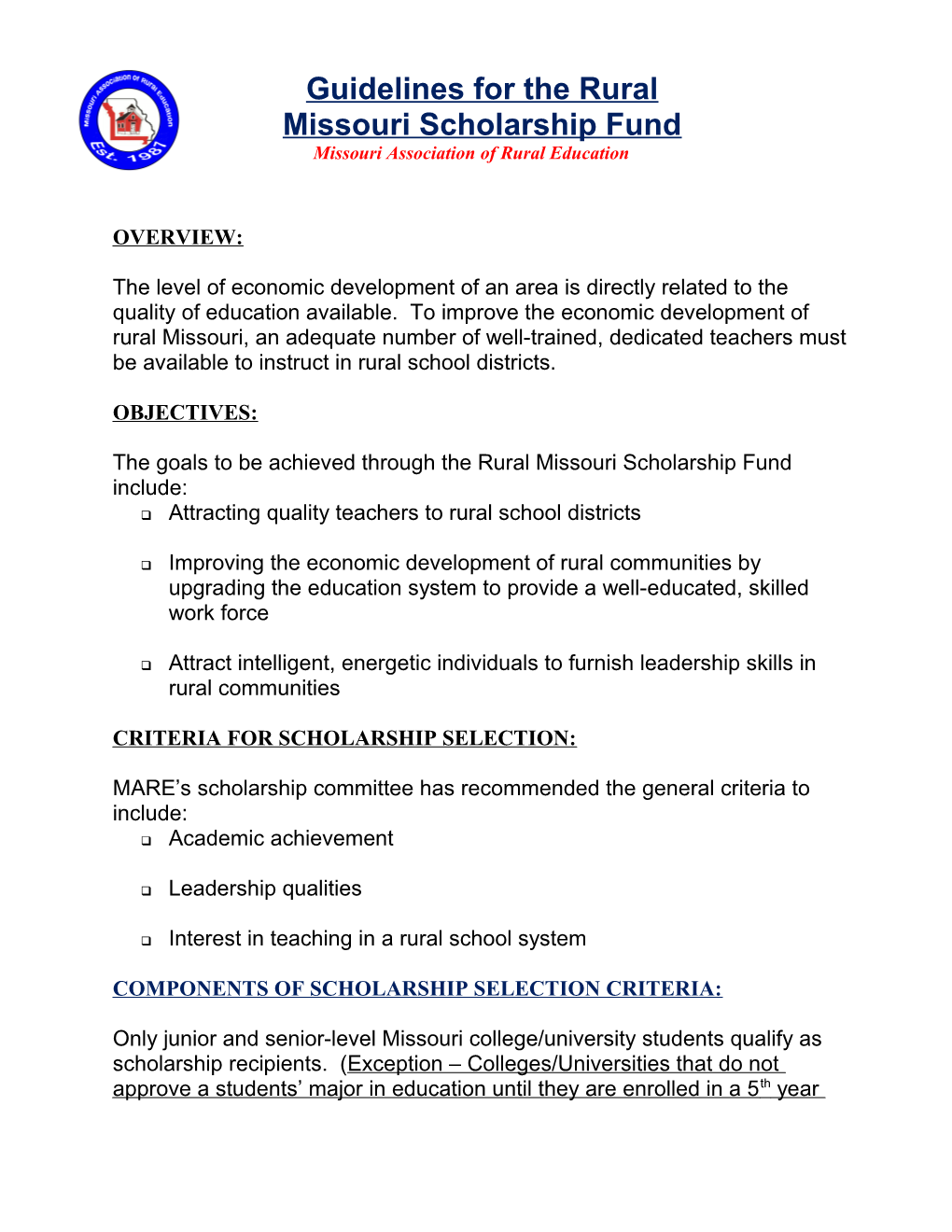 Guidelines for the Rural Missouri Scholarship Fund