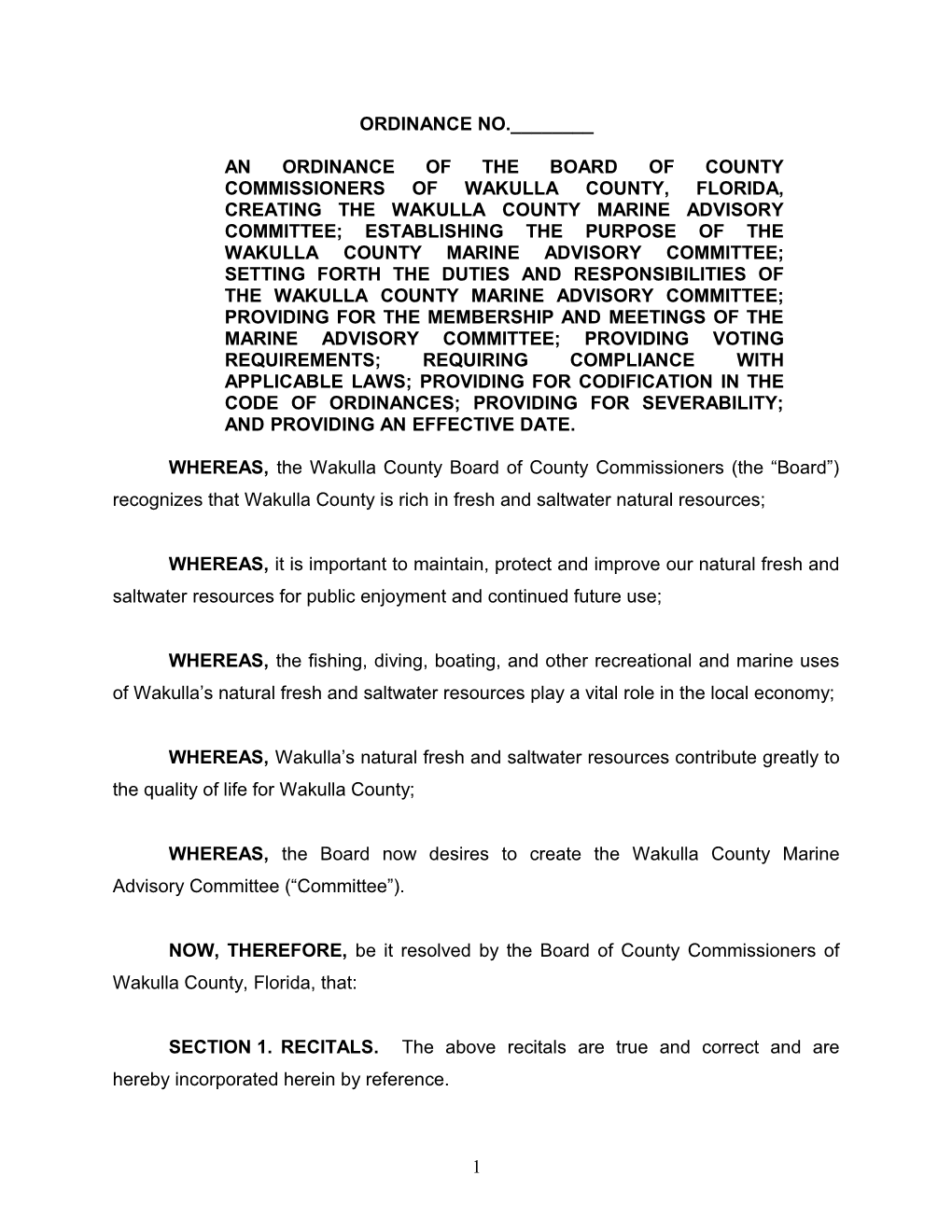An Ordinance of the Board of County Commissioners of Wakulla County, Florida, Creating