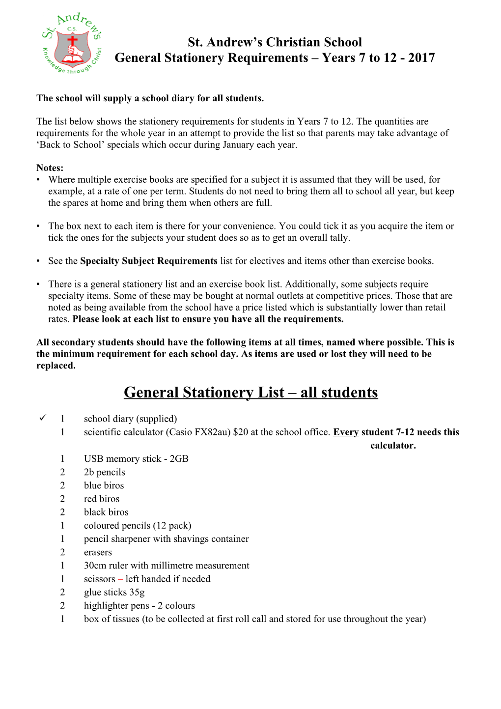 General Stationary Requirements Years 7 to 12