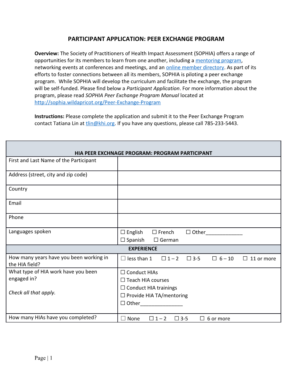 Participant Application: Peer Exchange Program