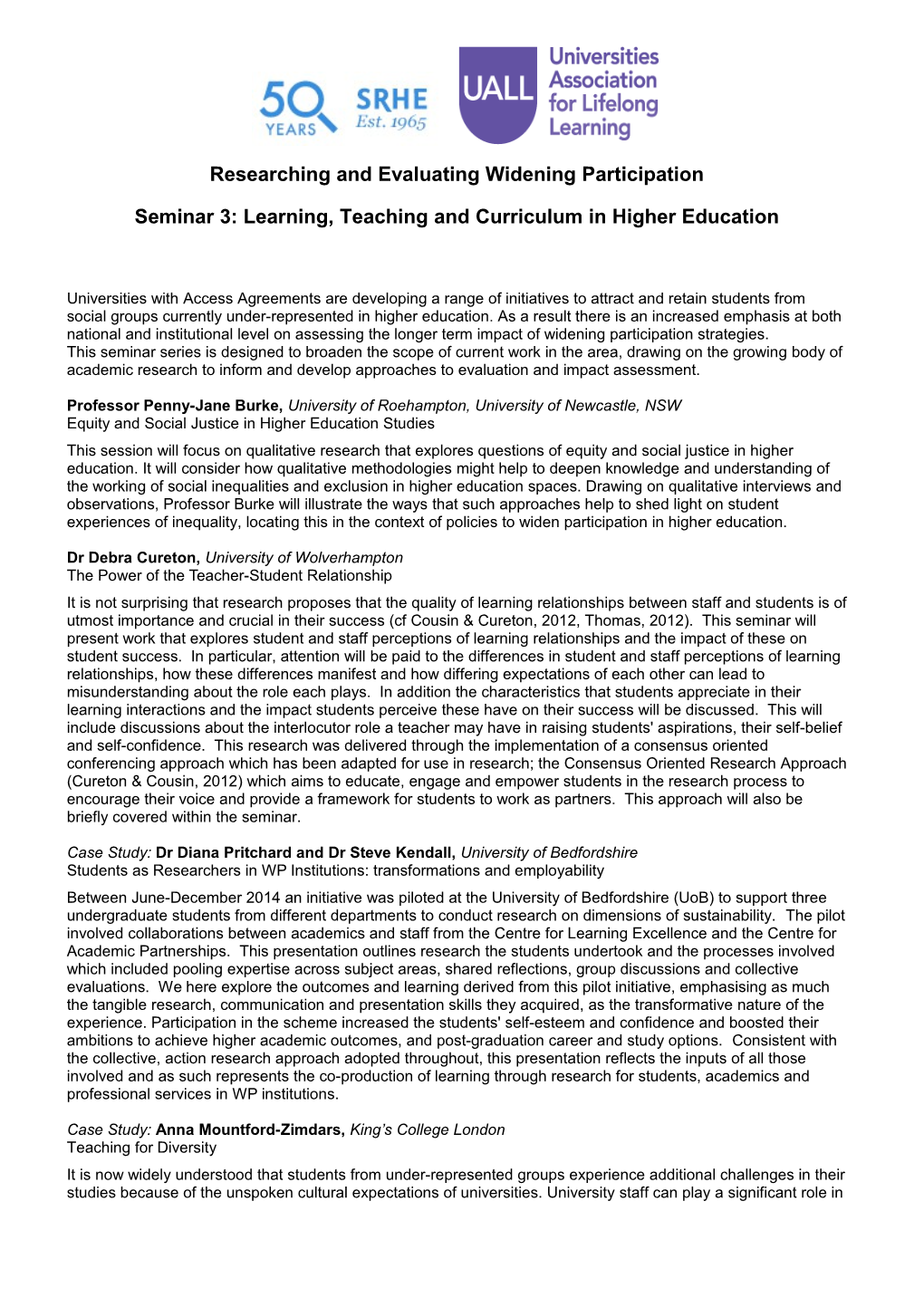 Researching and Evaluating Widening Participation - Learning, Teaching and Curriculum