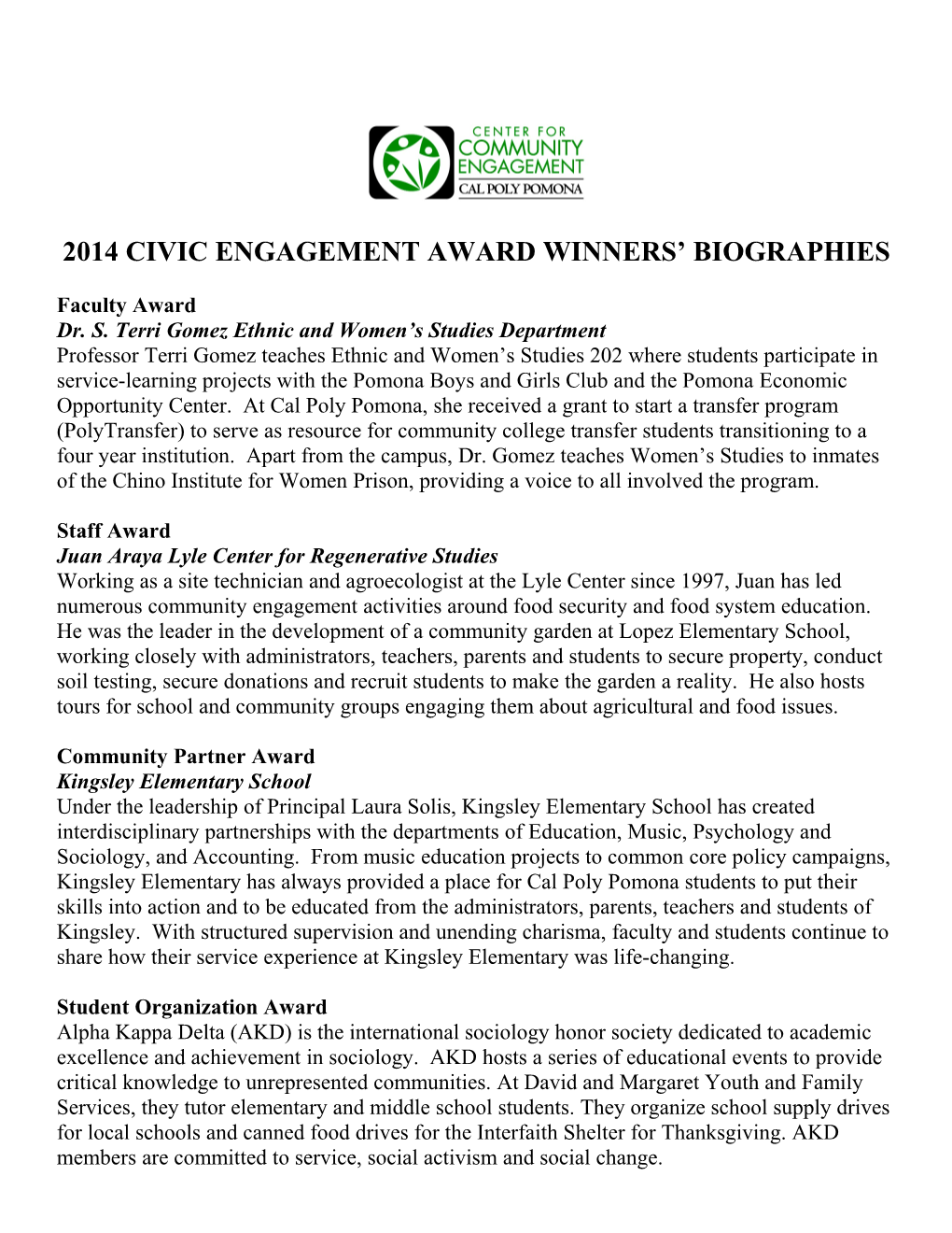 2014 Civic Engagement Award Winners Biographies