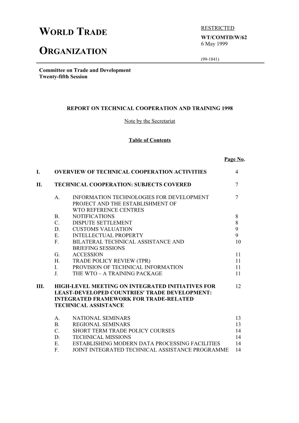 Report on Technical Cooperation and Training 1998