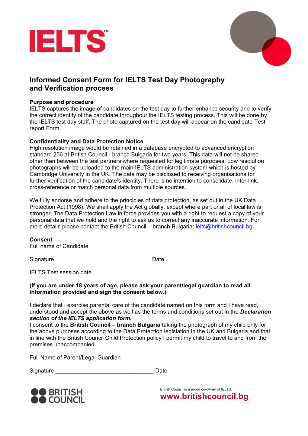 Informed Consent Form for IELTS Test Day Photography