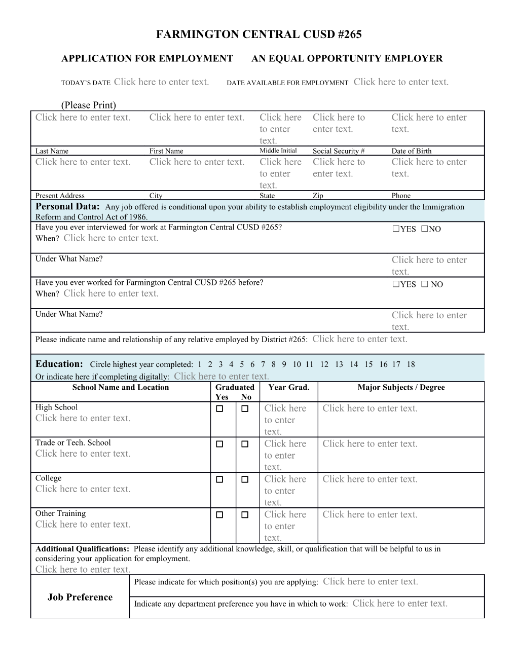 Application for Employment an Equal Opportunity Employer