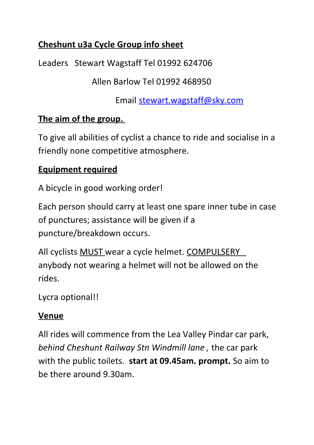 Cheshunt U3a Cycle Group Info Sheet