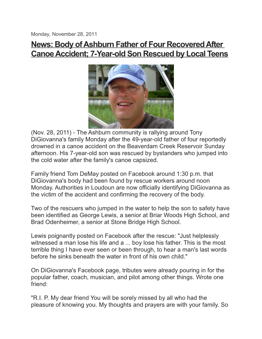 News: Body of Ashburn Father of Four Recovered After Canoe Accident; 7-Year-Old Son Rescued