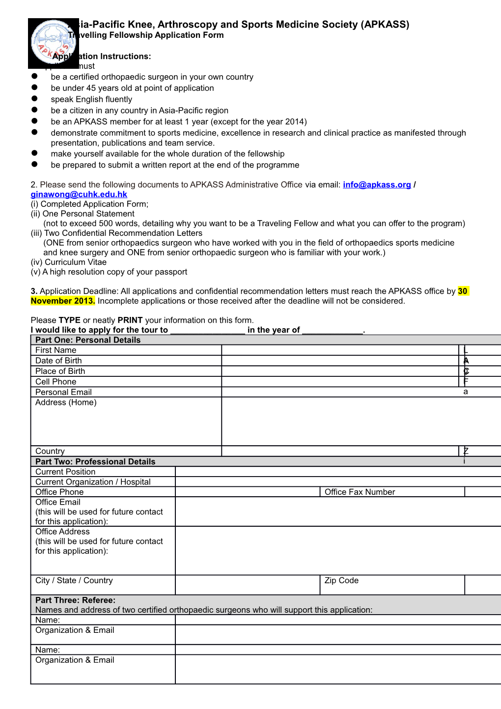 Travelling Fellowship Application Form