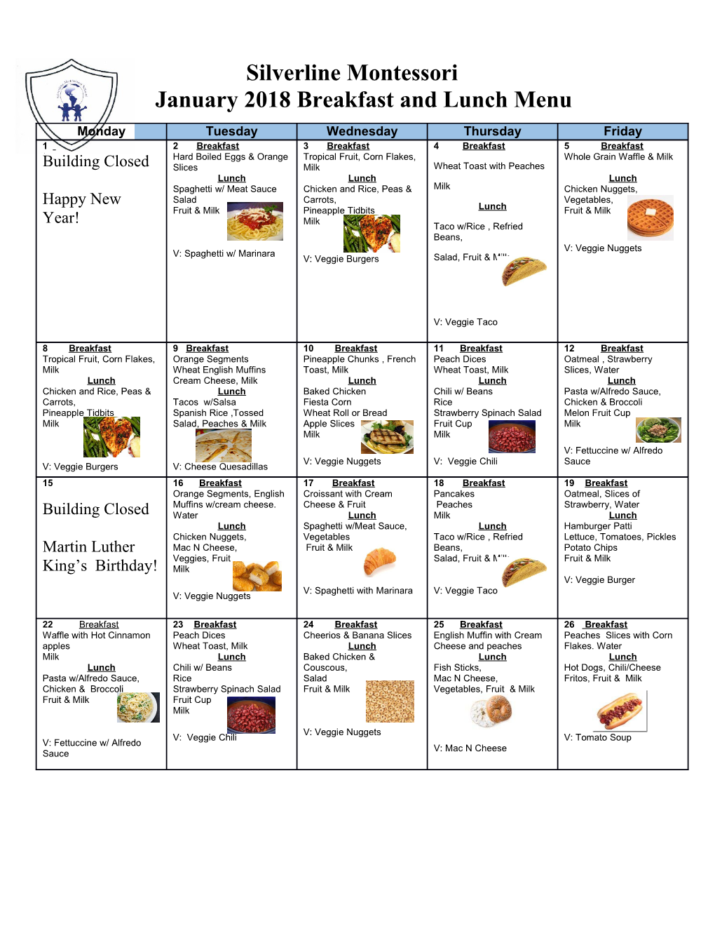 January 2018Breakfast and Lunch Menu