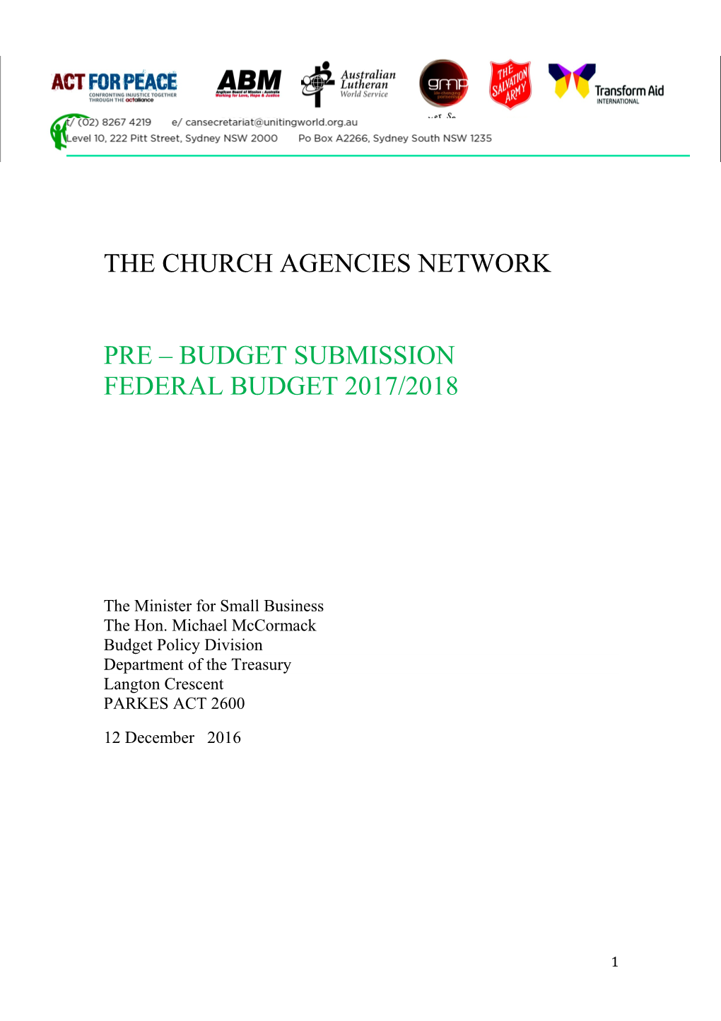 Church Agencies Network - 2017-18 Pre-Budget Submission