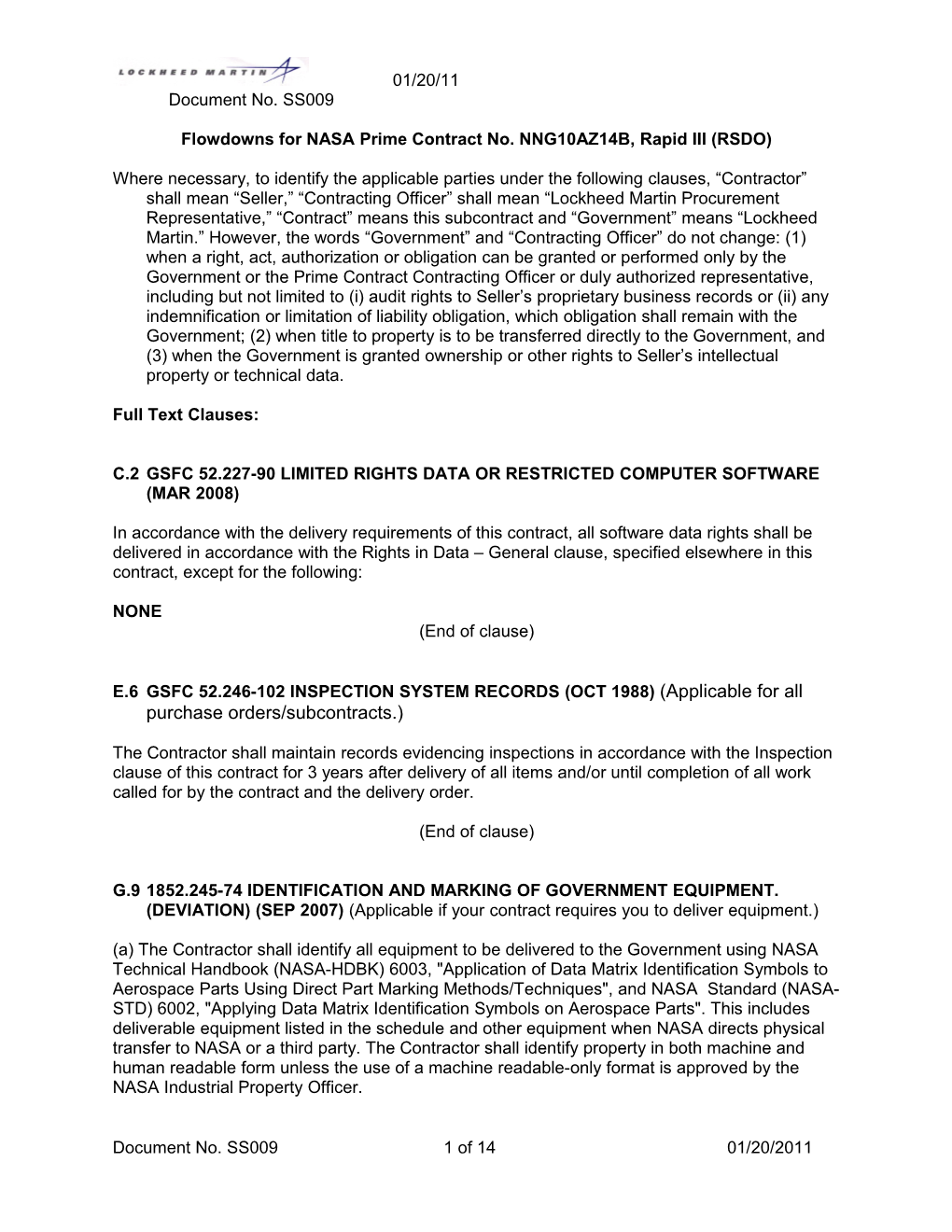 Flowdowns for NASA Prime Contract No. NNG10AZ14B, Rapid III (RSDO)