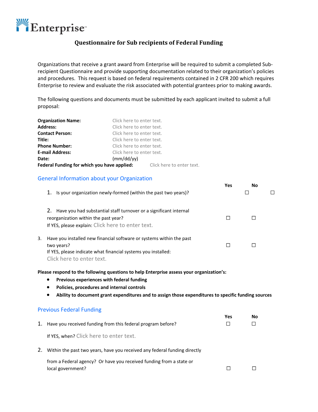 Questionnaire for Sub Recipients of Federal Funding