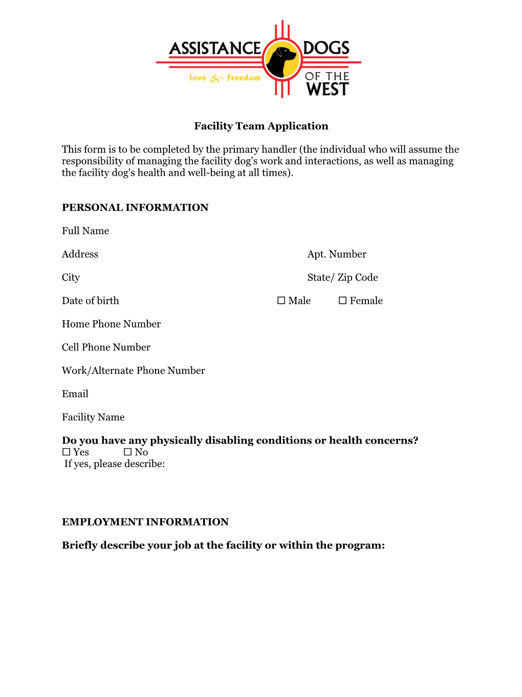 Completed Facility Team Application Form