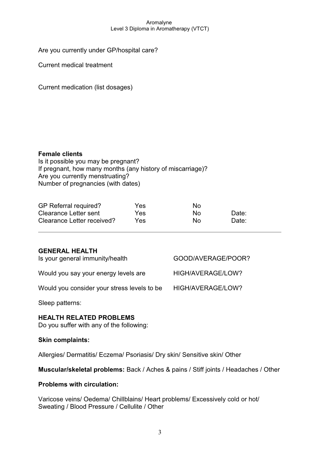 Aromatherapy Consultation Form