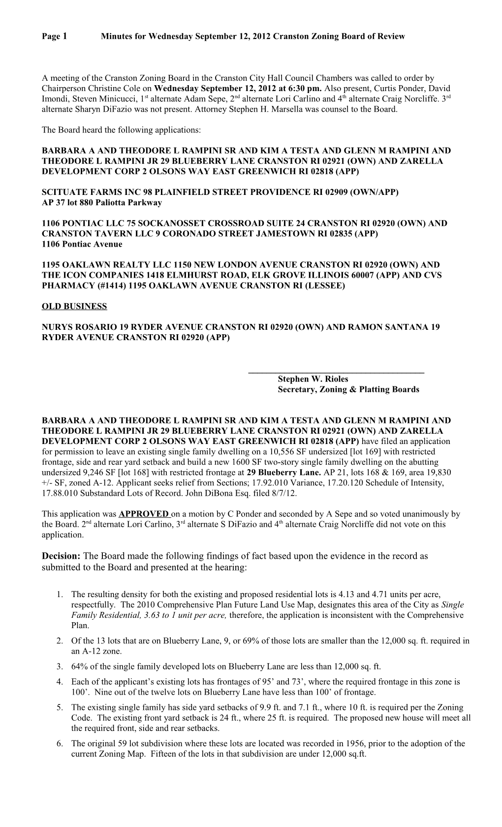 Page 1Minutes for Wednesday September 12, 2012Cranston Zoning Board of Review