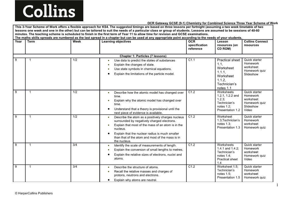 OCR Gateway GCSE (9-1) Chemistry for Combined Science Three Year Scheme of Work