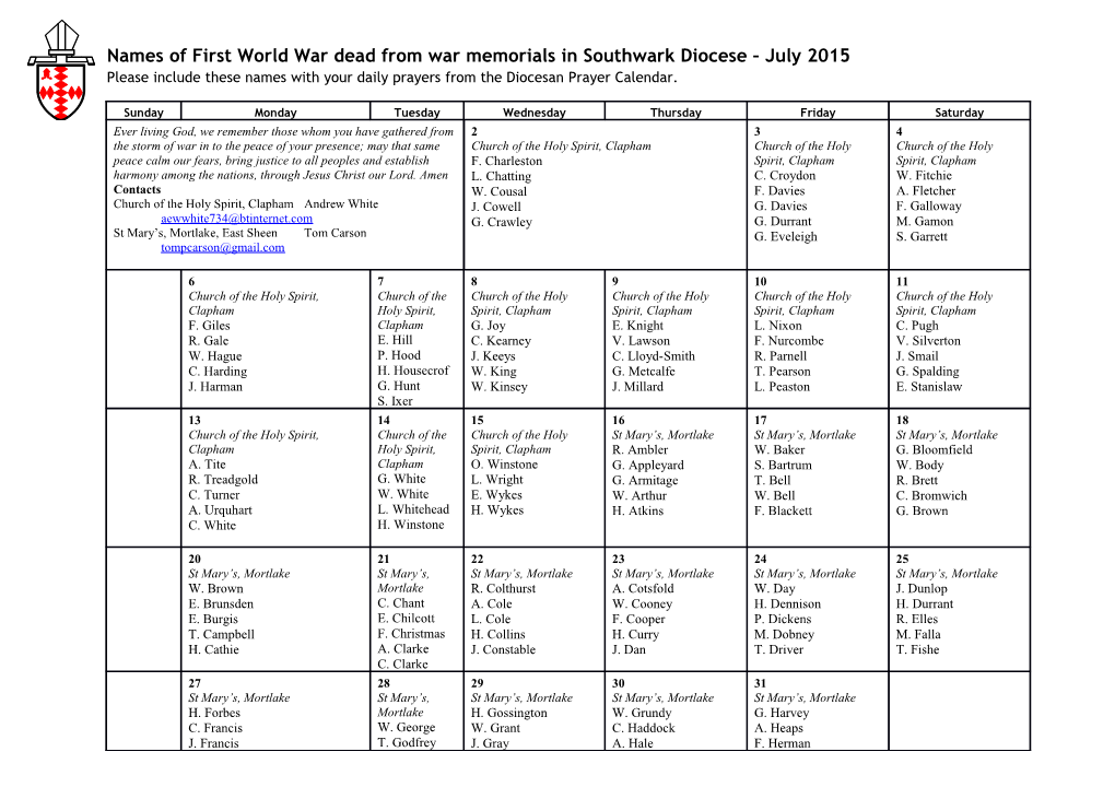 Names of First World War Dead from War Memorials in Southwark Diocese July 2015 Please