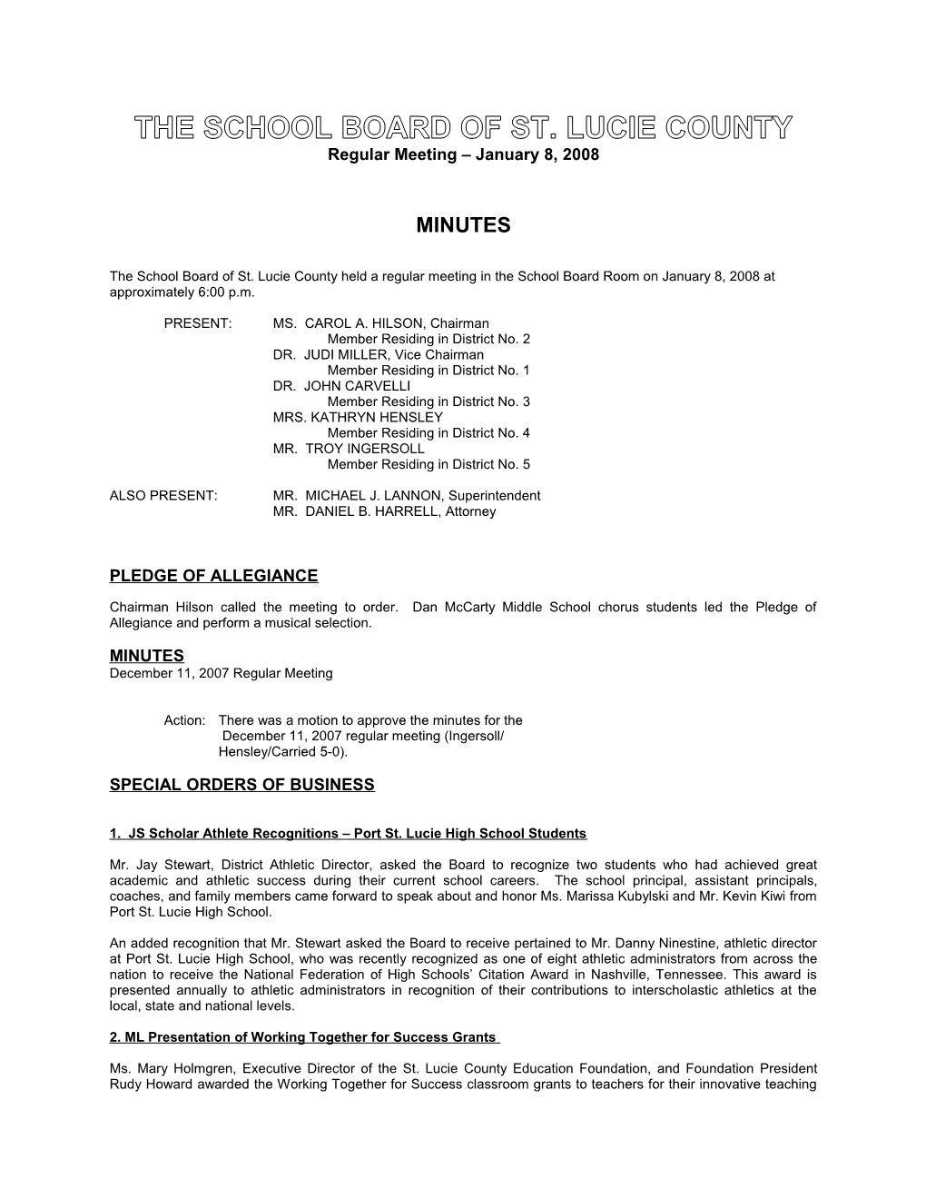 01-08-08 SLCSB Regular Meeting Minutes