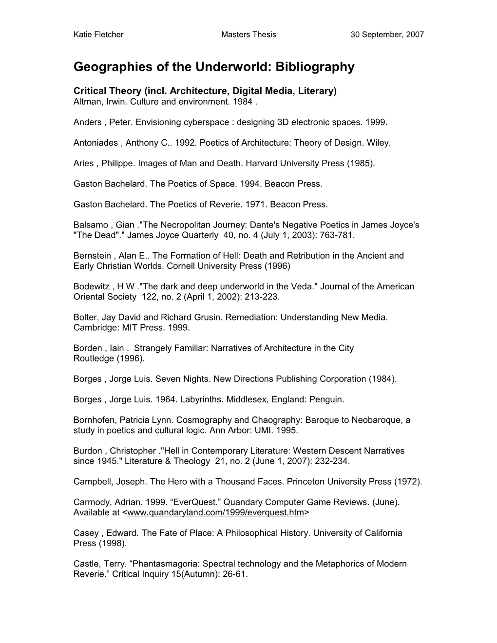 Geographies of the Underworld: Bibliography
