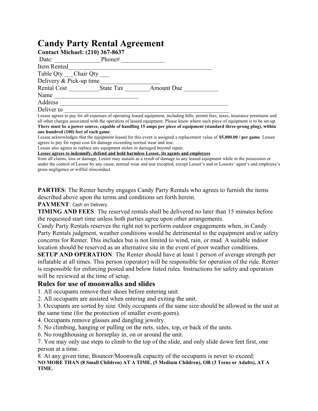 Candy Party Rental Agreement