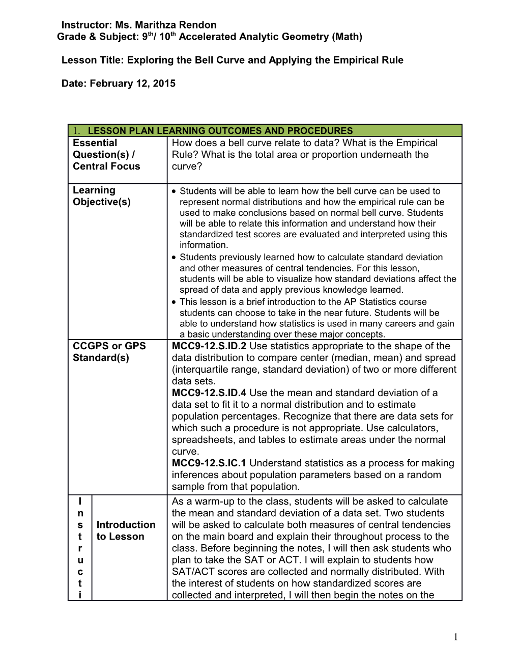 Lesson Plan Learning Outcomes and Procedures