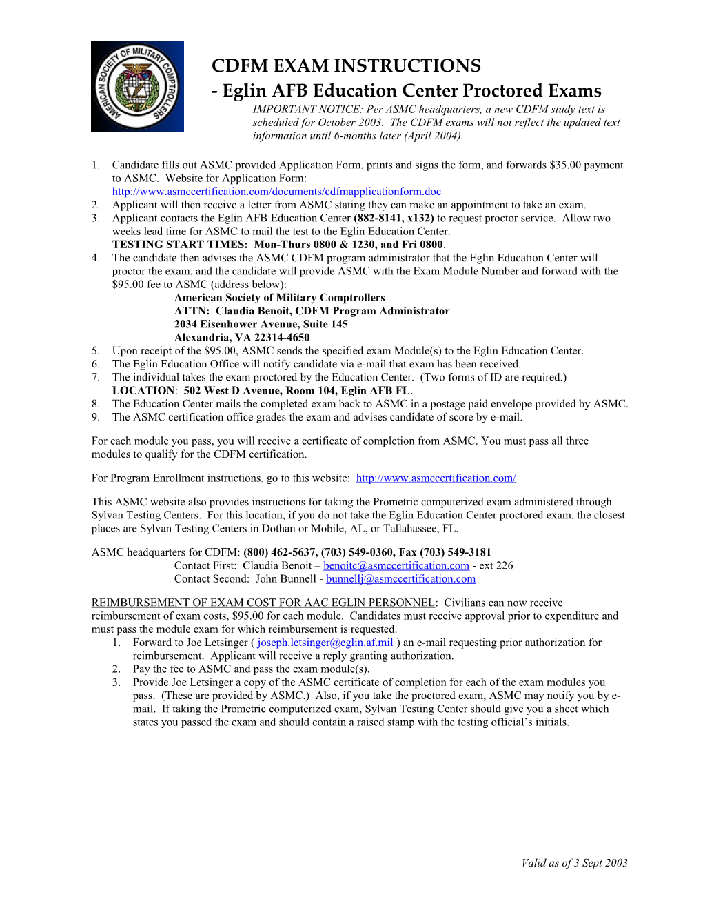 CDFM EXAM INSTRUCTIONS for Eglin AFB Education Office Proctored Exam