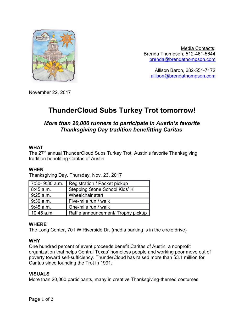 Thundercloud Subs Turkey Trot Tomorrow!