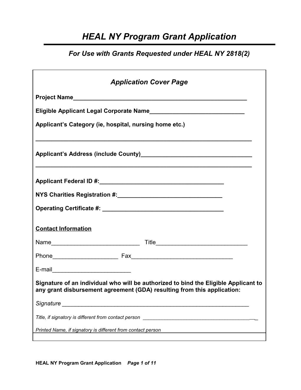 Standard HEAL NY Program Grant Application