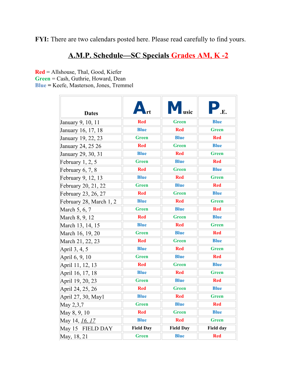 A.M.P. Schedule SC Specials Grades AM, K -2