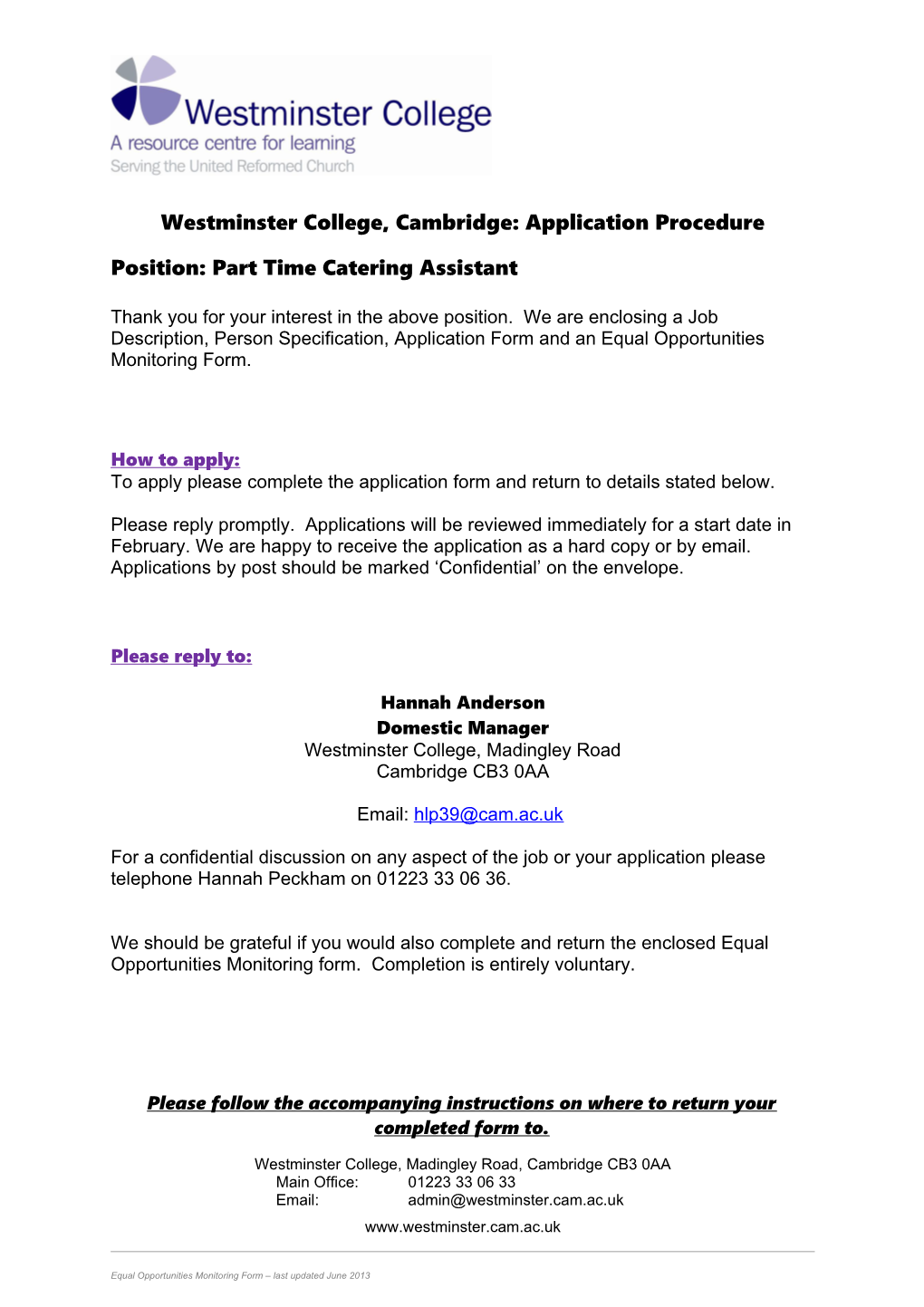 Westminster College, Cambridge: Application Procedure