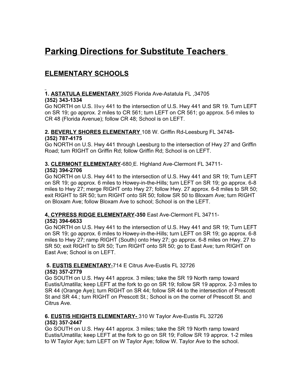 Parking Directions for Substitute Teachers