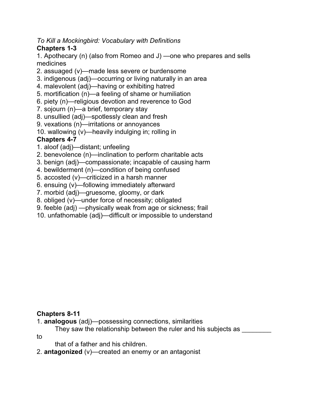 To Kill a Mockingbird: Vocabulary with Definitions