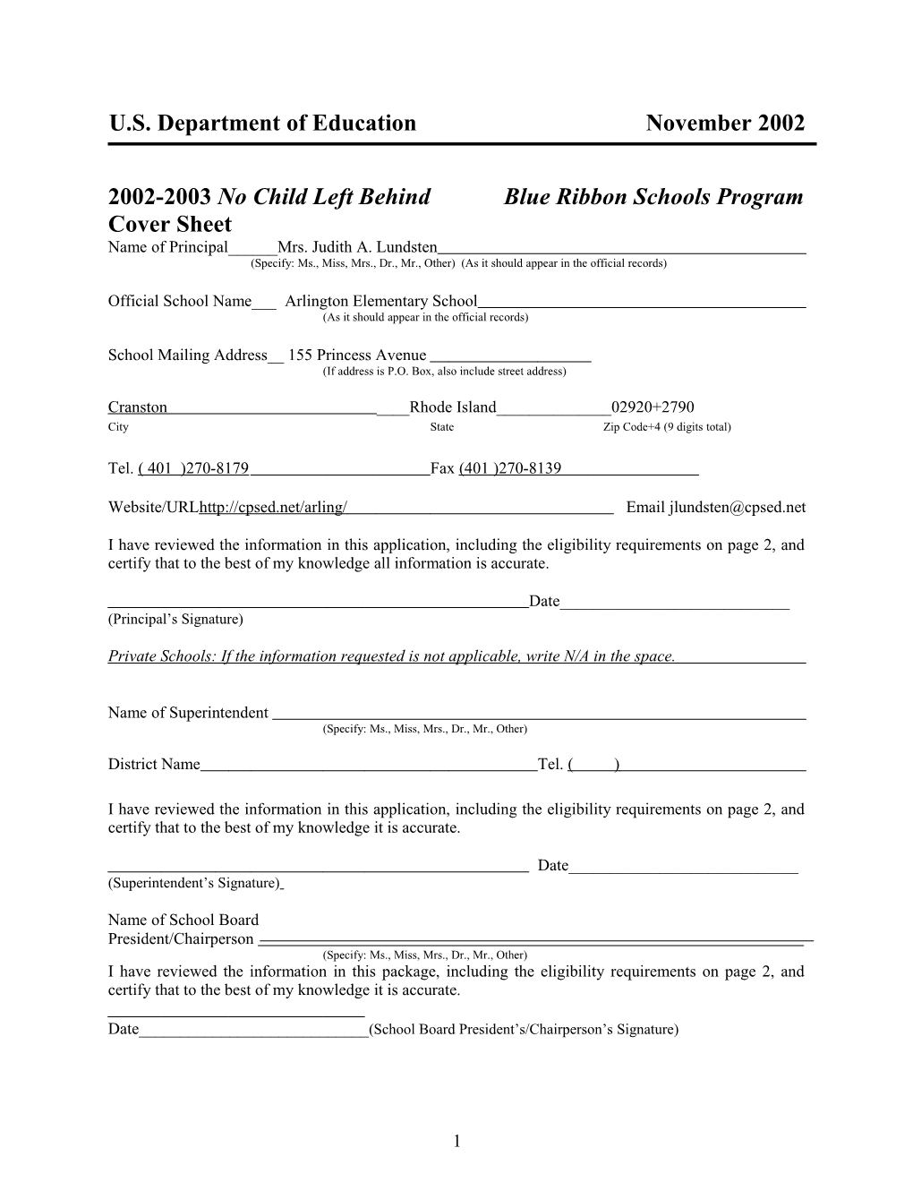 Arlington Elementary School 2003 No Child Left Behind-Blue Ribbon School (Msword)