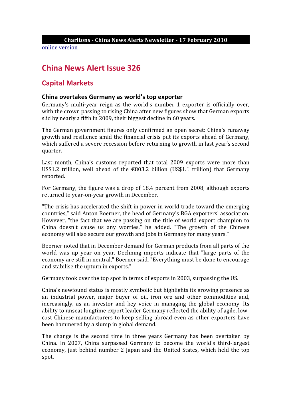 Charltons - China News Alerts Newsletter - 17 February 2010