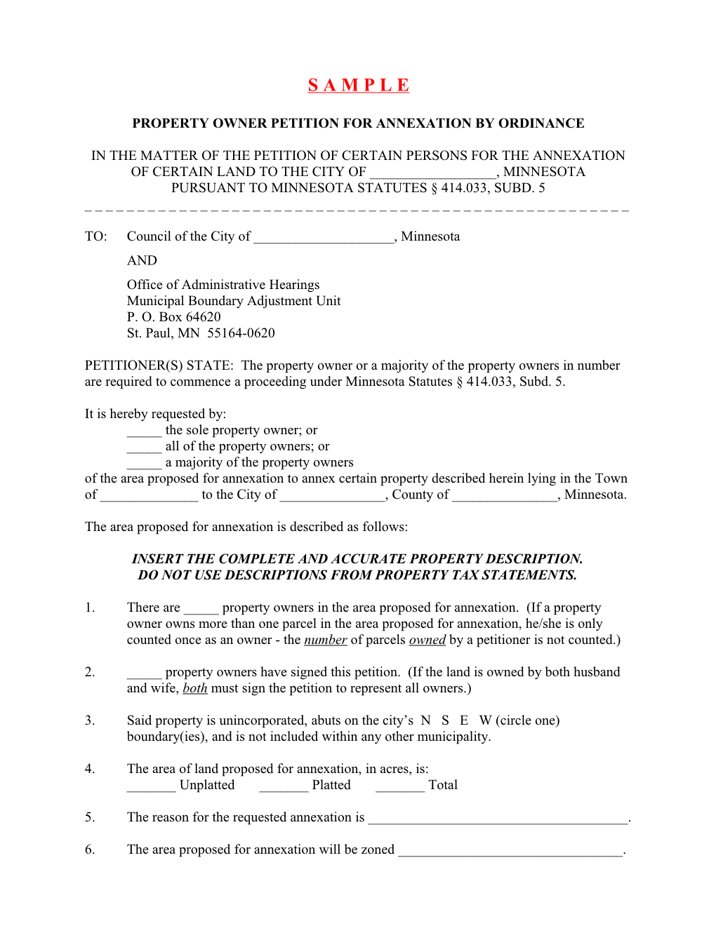 Sample Petition for Annexation by Ordinance